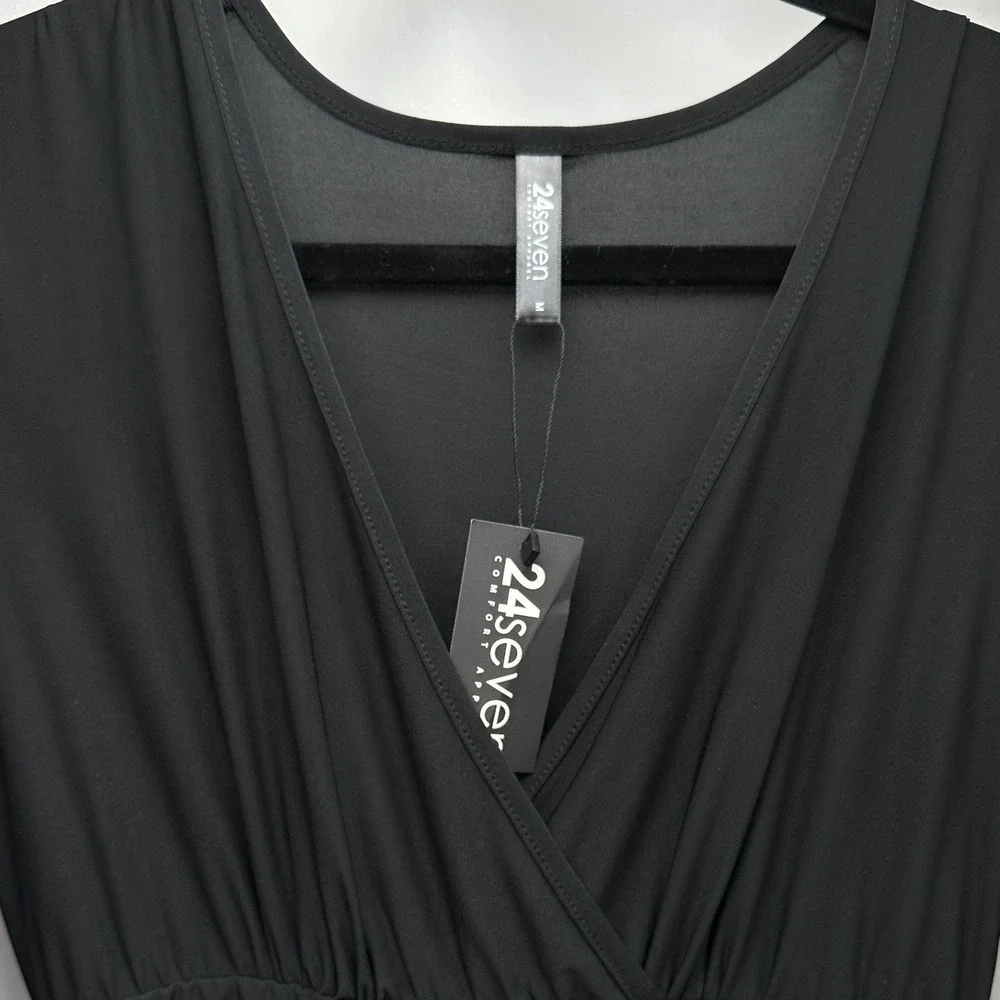 24seven‎ Comfort Apparel Maxi V Neck Long Sleeve Leg Slit Black Dress Pockets